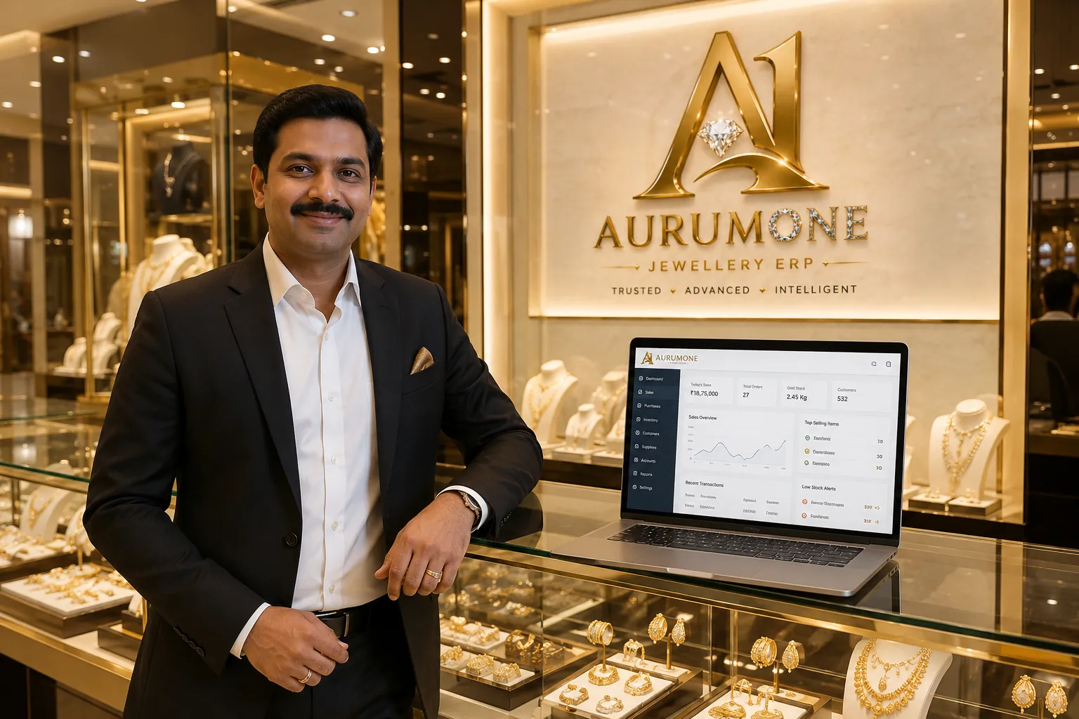 AurumOne ERP running at a jewellery showroom counter
