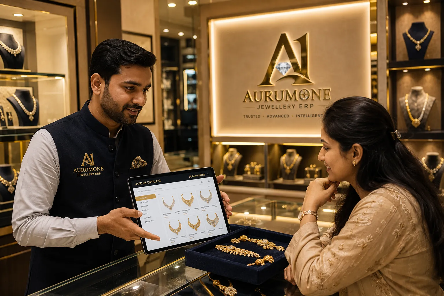 A jeweller showing the Aurum Catalog on an iPad to a customer