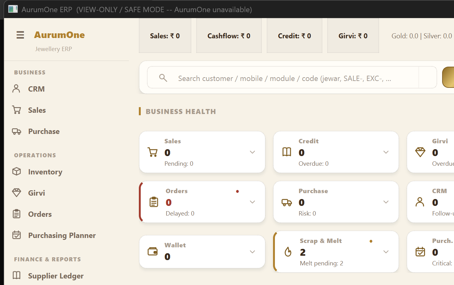 Real screenshot of the AurumOne ERP Control Centre dashboard — Business Health tiles, live search, sidebar navigation